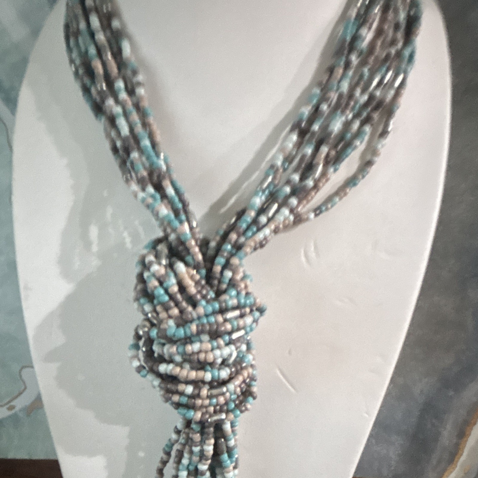 Aqua & Beige Bohemian Multi-Strand Beaded Knot Pendant Ball/Bead Necklace