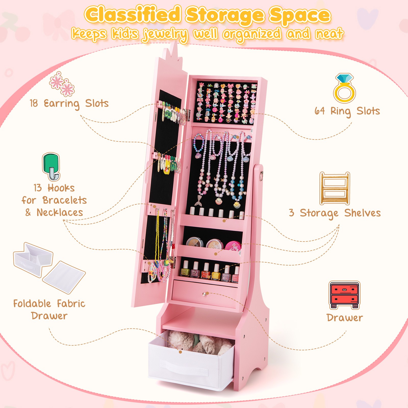 Kids Vanity Set Princess Makeup Dressing Table and Chair Set w/ Jewelry Armoire