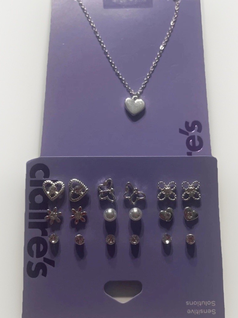 Claire’s 9 Pair Earrings And Heart Necklace Set Sensitive Solutions