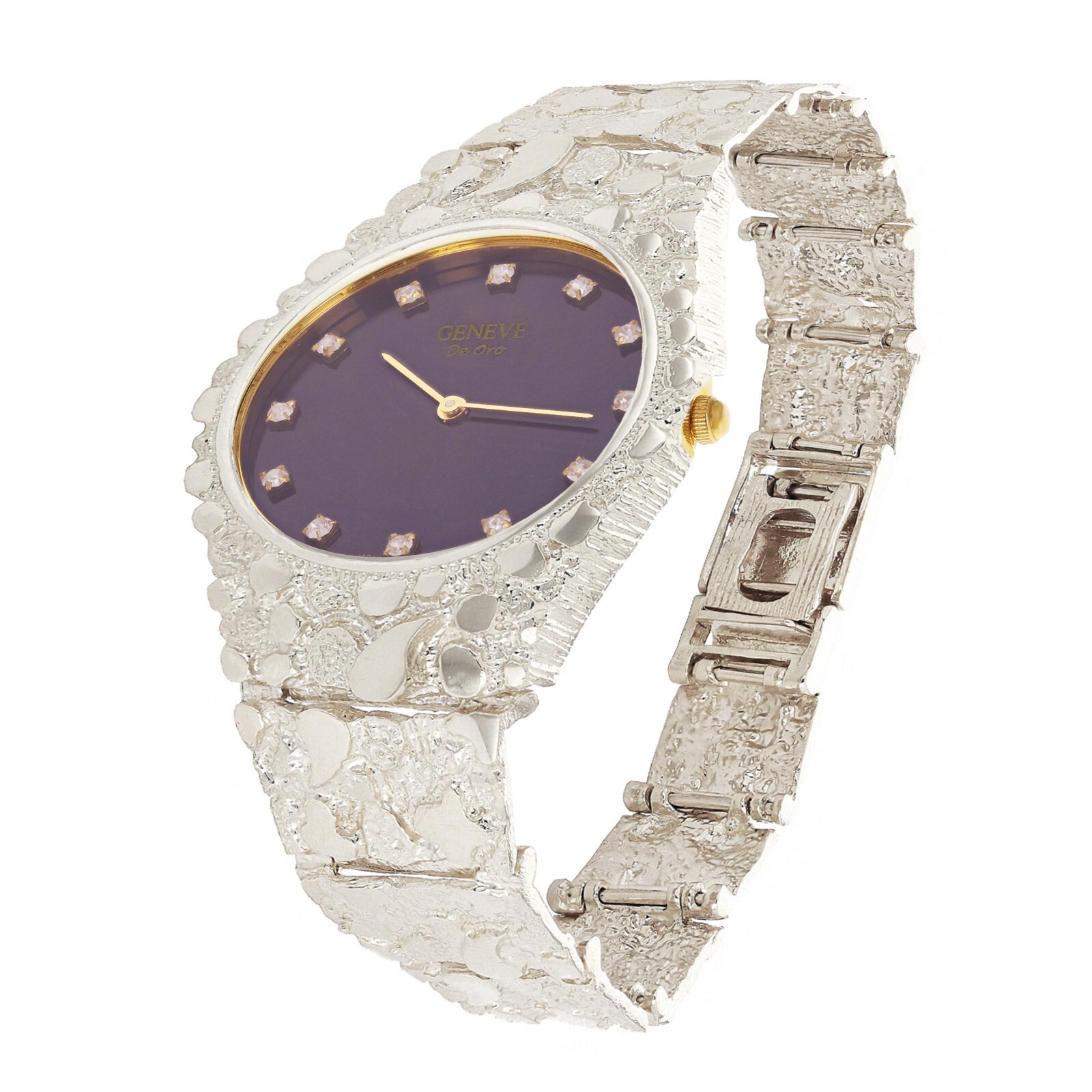 Sterling Silver Nugget Wrist Watch with Geneve Watch with Diamonds 7″ 42 grams