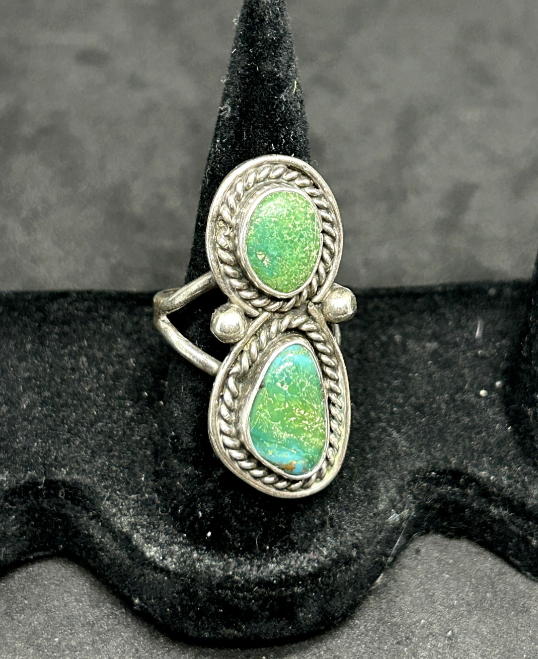 925 Sterling Silver Navajo Double Turquoise 1.4in Ring Size 6 – 9.65g