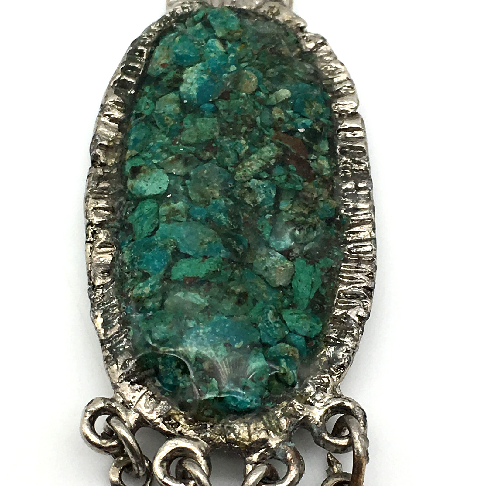 Handmade Nickle Silver Oval Pendant Turquoise Chips Dangling 18″ Chain Necklace