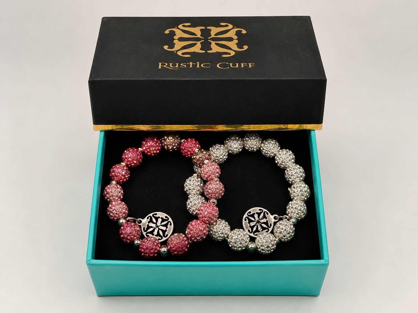 Rustic Cuff Bracelet Duo Pink Clear Crystal Pave Ball Stretch Set Gift Box