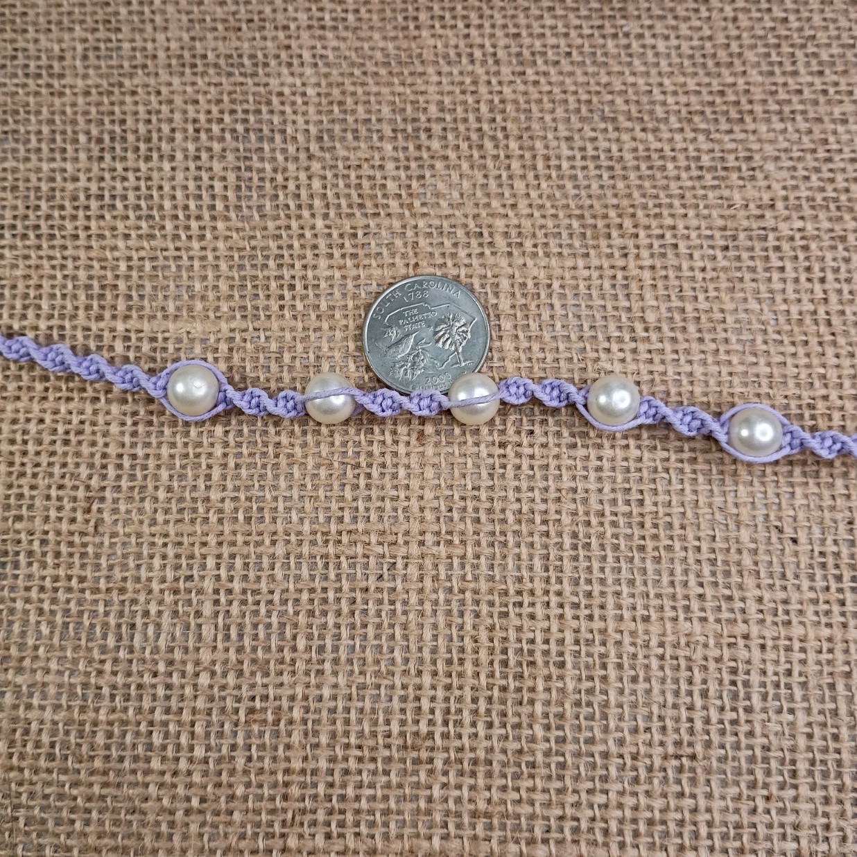 New Lavender Hemp Choker Necklace W/ Faux Pearl Beads 15 in Macrame Feminine