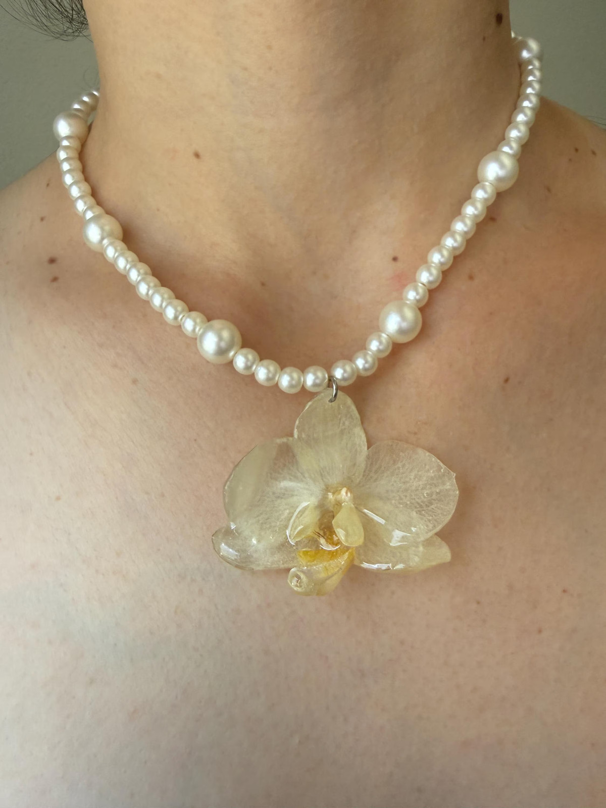 Real White Orchid Resin Necklace | Preserved Flower | Pearl Beaded Chain