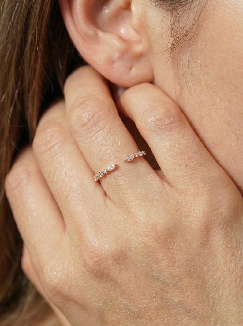 Marquise & Round Cut Moissanite 14K Gold Open Cuff Wedding Band, Gift For Her