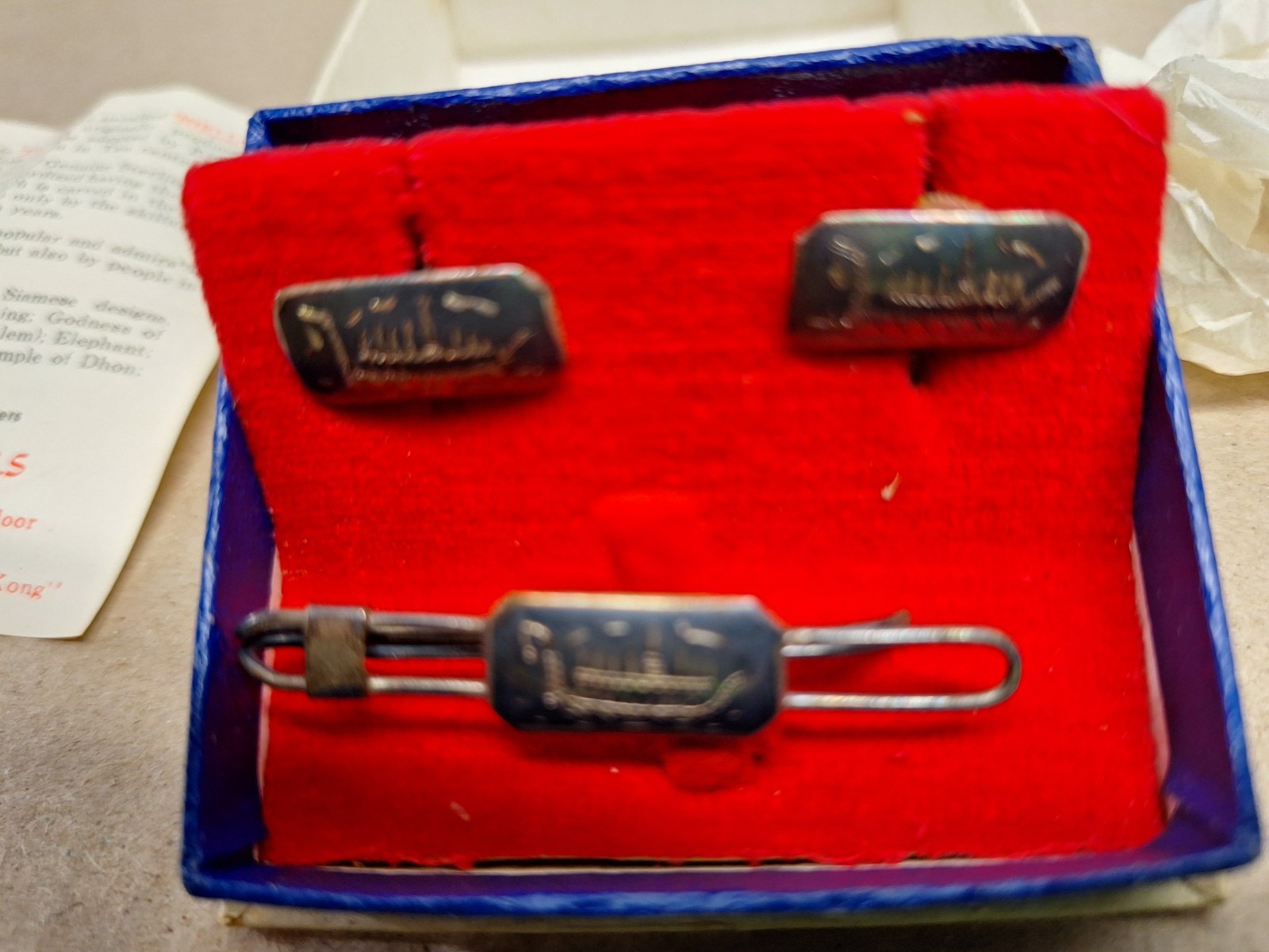 Vintage Bangkok Jewels Bronze Cufflink & Tie Clip Set with Engraved Ship Artwork