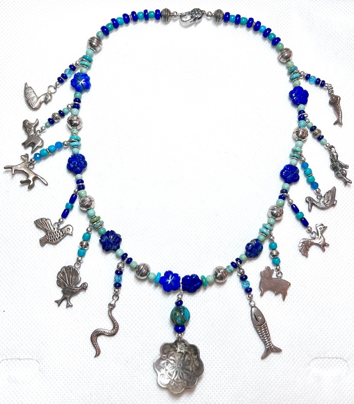 LOVELY Southwest Artisan Sterling Silver Turquoise, Lapis Milagro Charm Necklace