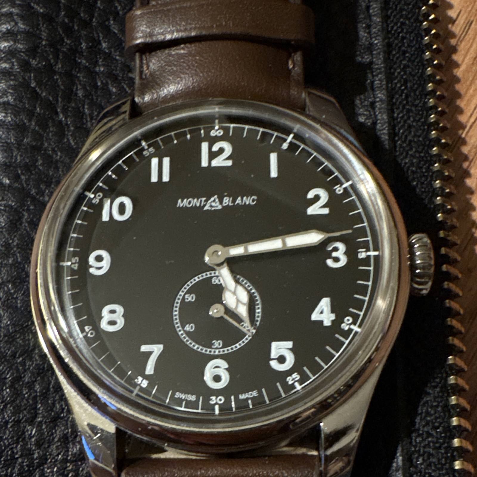 Montblanc 1858 Swiss Made Manual Wind 44mm Black Dial Brown Leather Strap