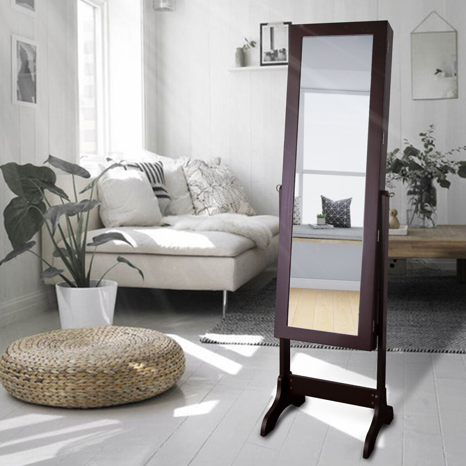 Standing Wooden Jewelry Cabinet Mirror Armoire Free Lockable Adjustable Angle