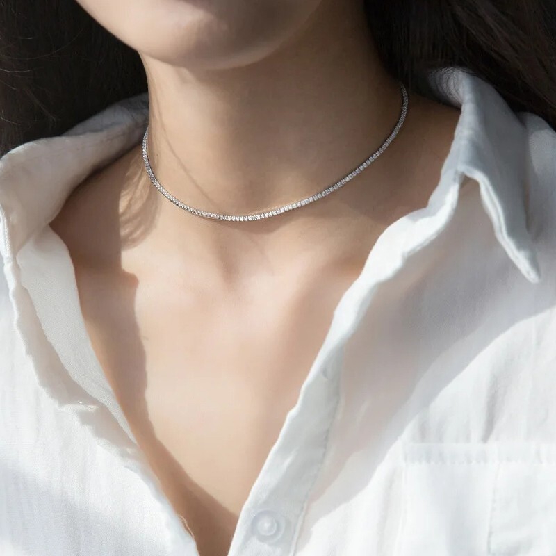 2mm D Color VVS1 Moissanite Women Tennis Chain Necklace S925 Silver Pass Tester