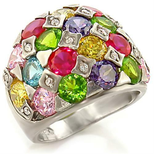 Leanna Cocktail Ring – Rhodium Brass, AAA CZ , Multi Color – 7X150