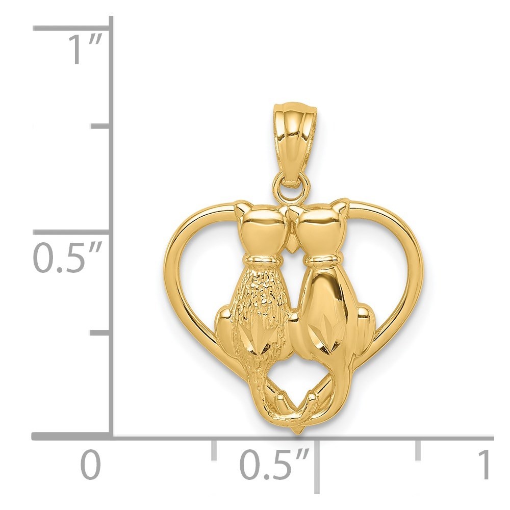 14k Yellow Gold Sitting Cats in a Heart Pendant 0.89 g