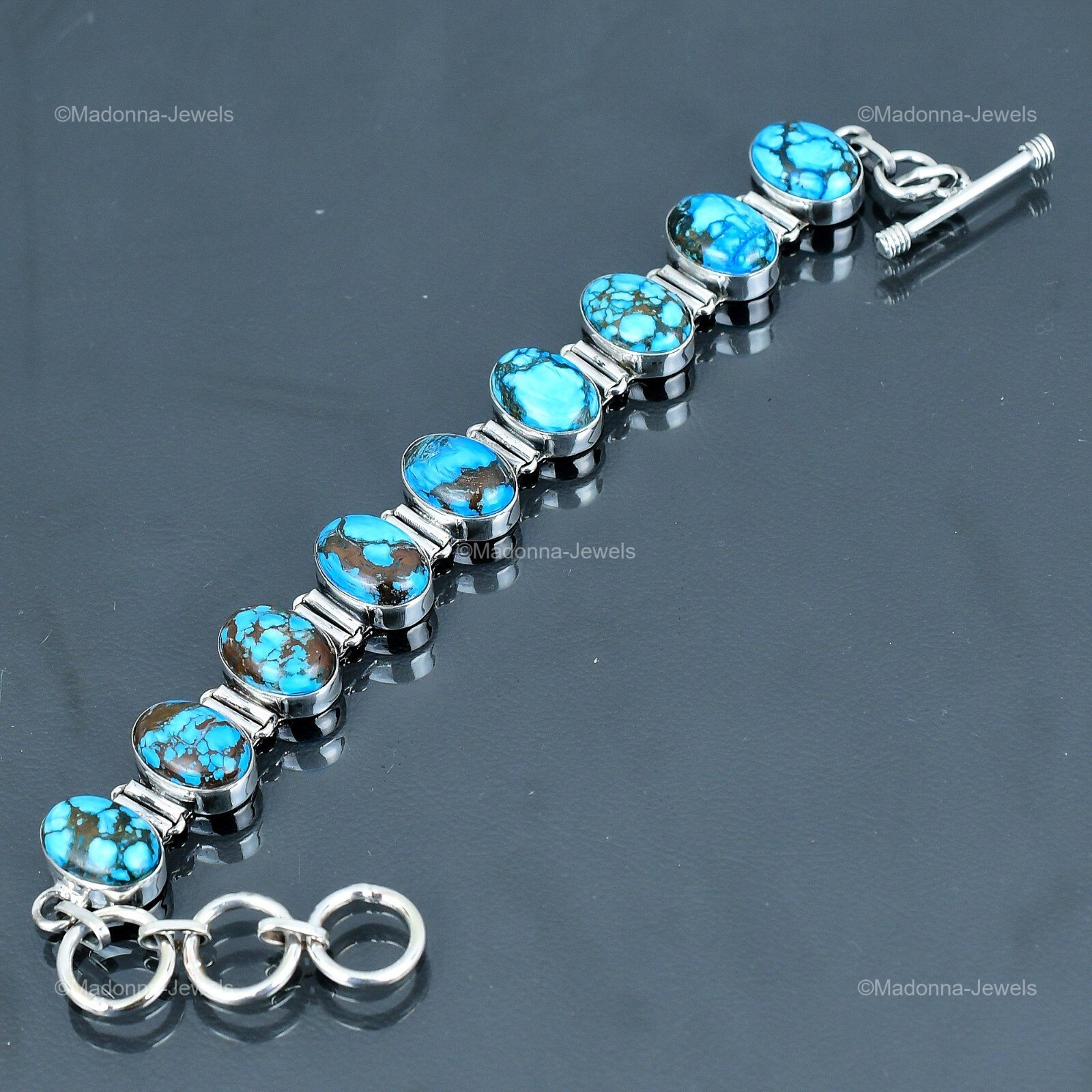 Womens day Sale 925 Silver Oval Natural Tibetan Turquoise Chain Bracelet Jewelry