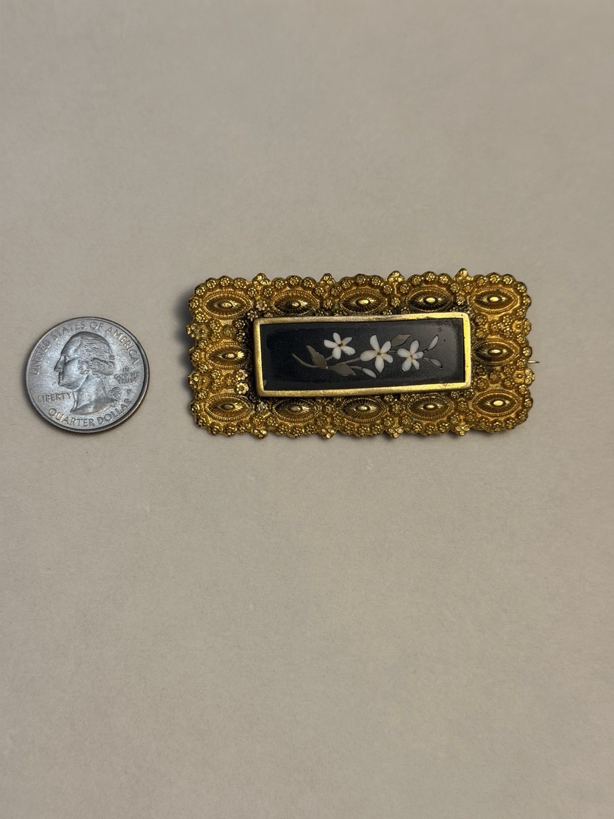 Victorian 9k Gold Plated Pietra Dura Brooch