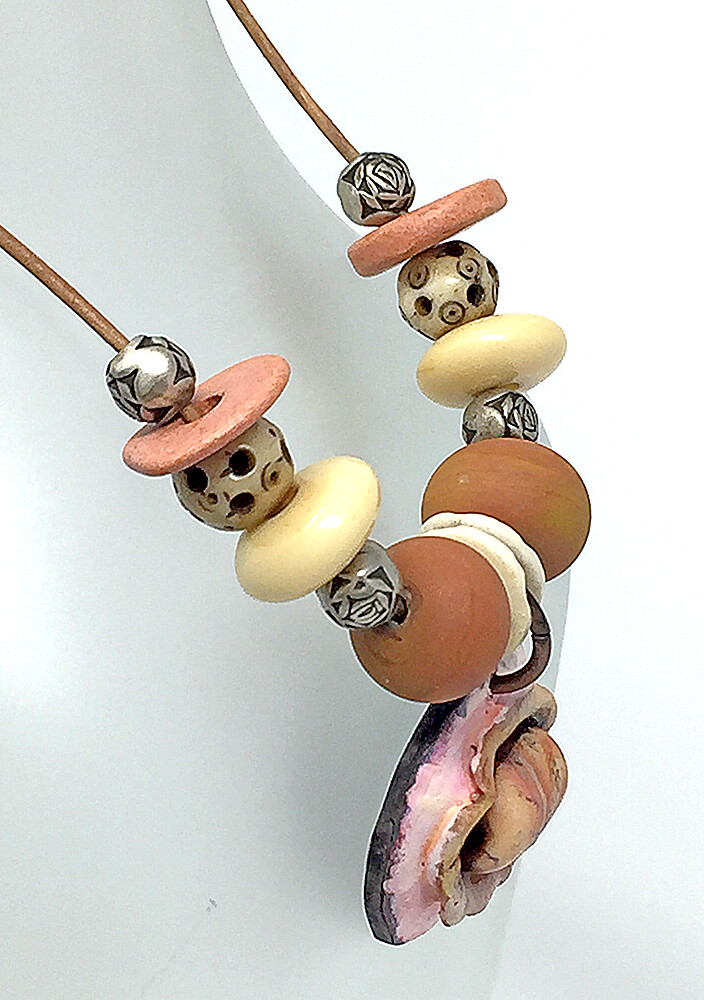 Rustic leather cord necklace BoHo Lampwork beads shell & bone beads