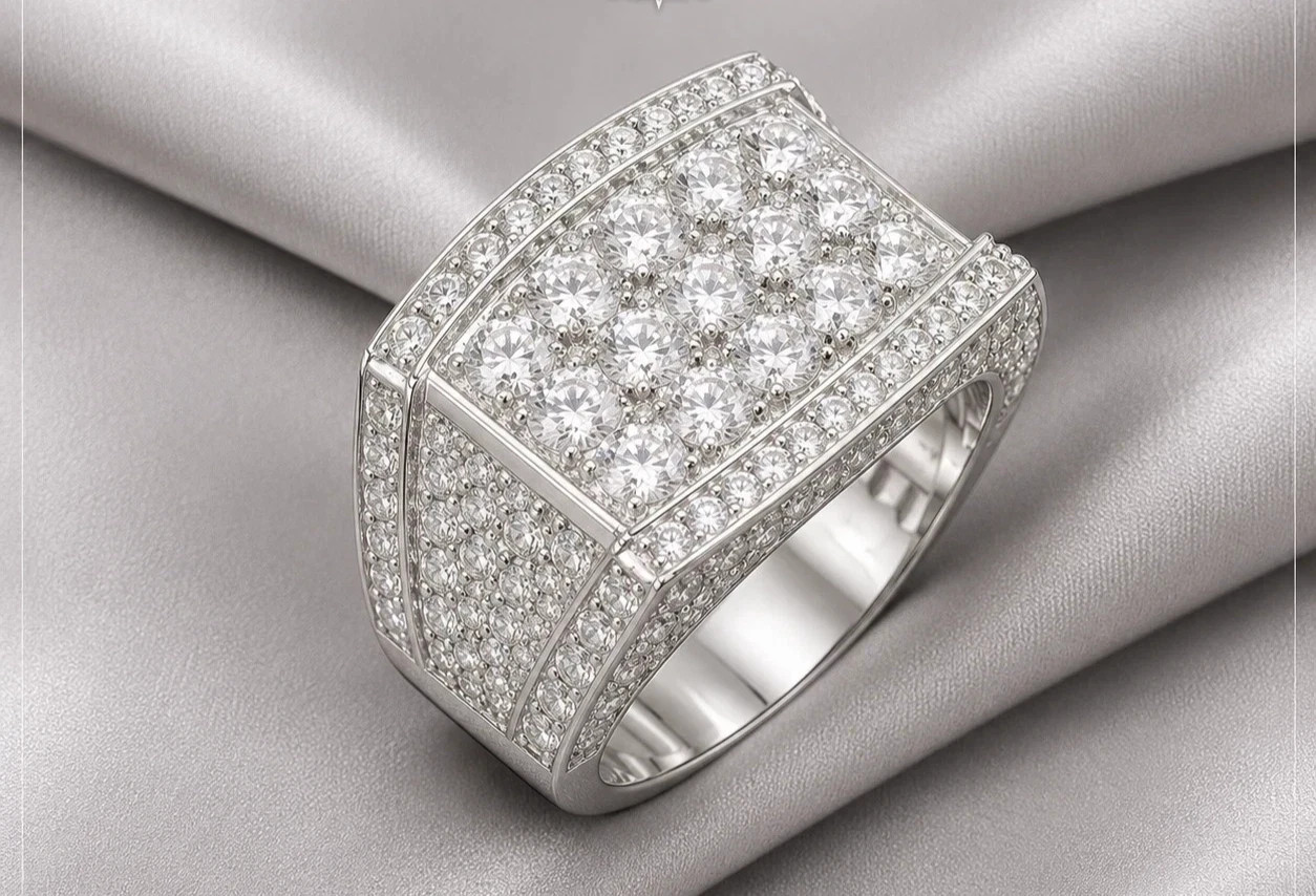 Men’s 4.89 Carat Round Moissanite Pinky Ring 14K White Gold Plated 925 silver
