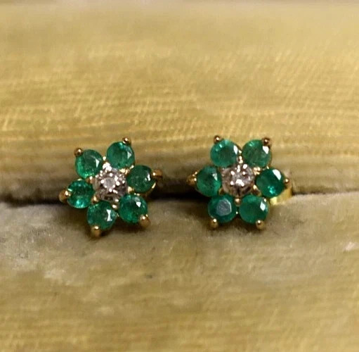2Ct Round Natural Green Emerald Flower Women Earrings 14K Yellow Gold Plated