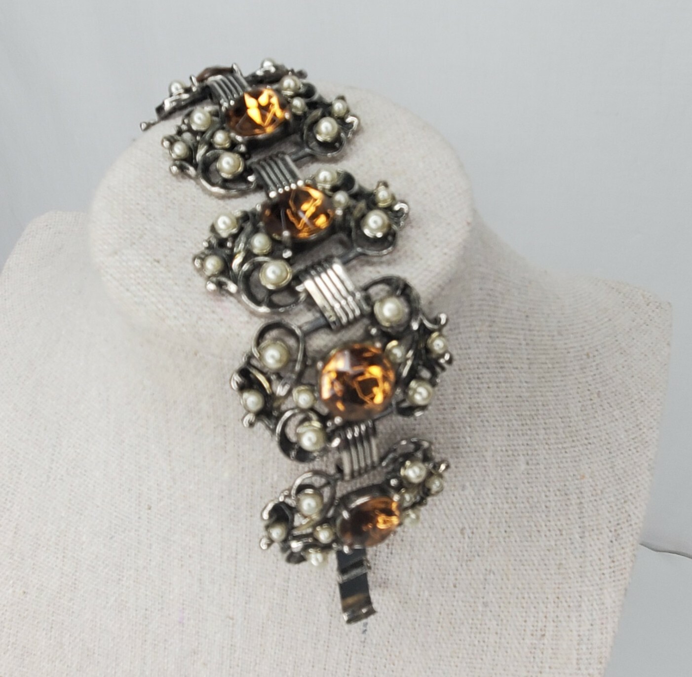 Vintage Panel Bracelet Silver Tone Faux Pearl Citrine Stones Chunky