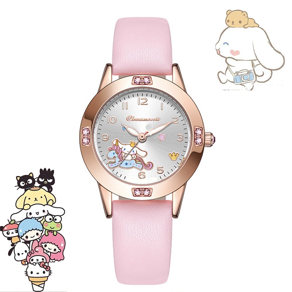 Hello Kitty Quartz Movement Watch Metallic Dial Pink Faux Leather Strap New
