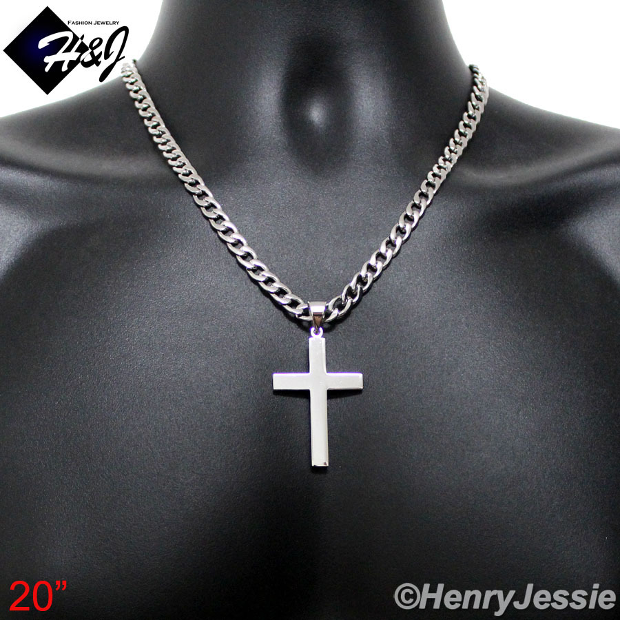 18-40″MEN Stainless Steel 7mm Silver Cuban Curb Necklace Plain Cross Pendant*P64