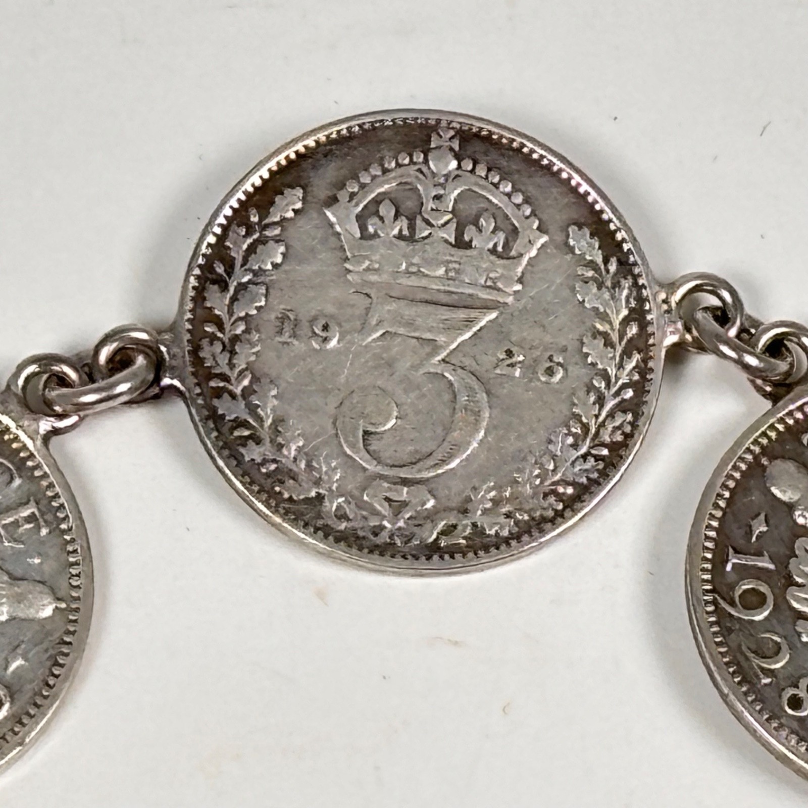 Vintage Silver Charm Bracelet King George V Three Pence Coins British Retro