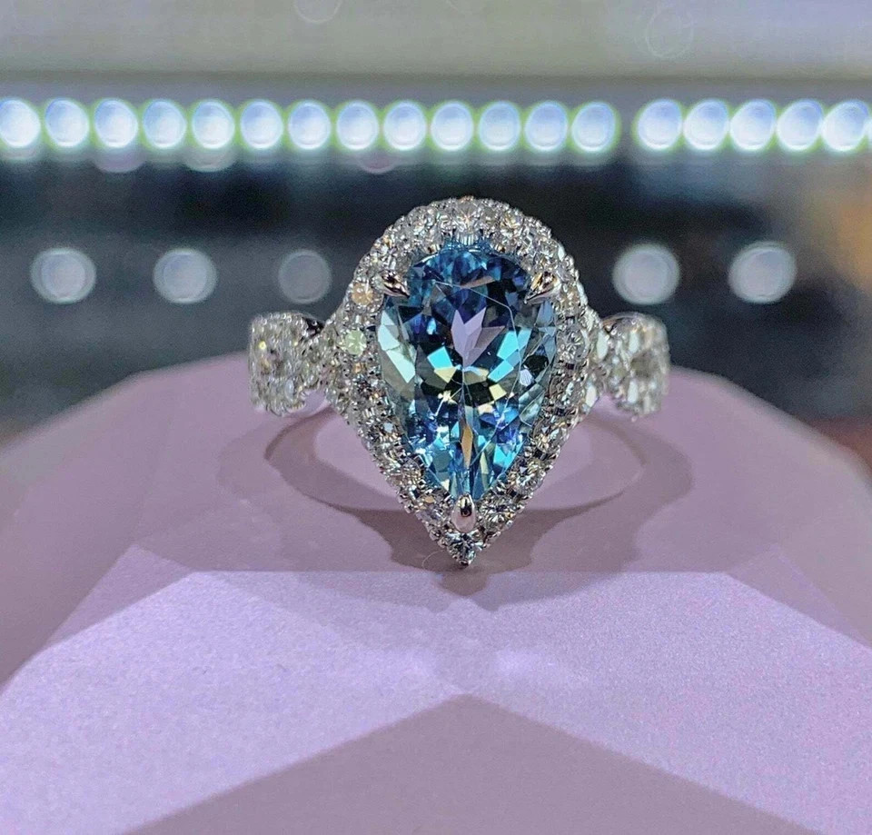 2.50Ct Pear Cut Natural Aquamarine Diamond Wedding Ring 14K White Gold Size 6 7