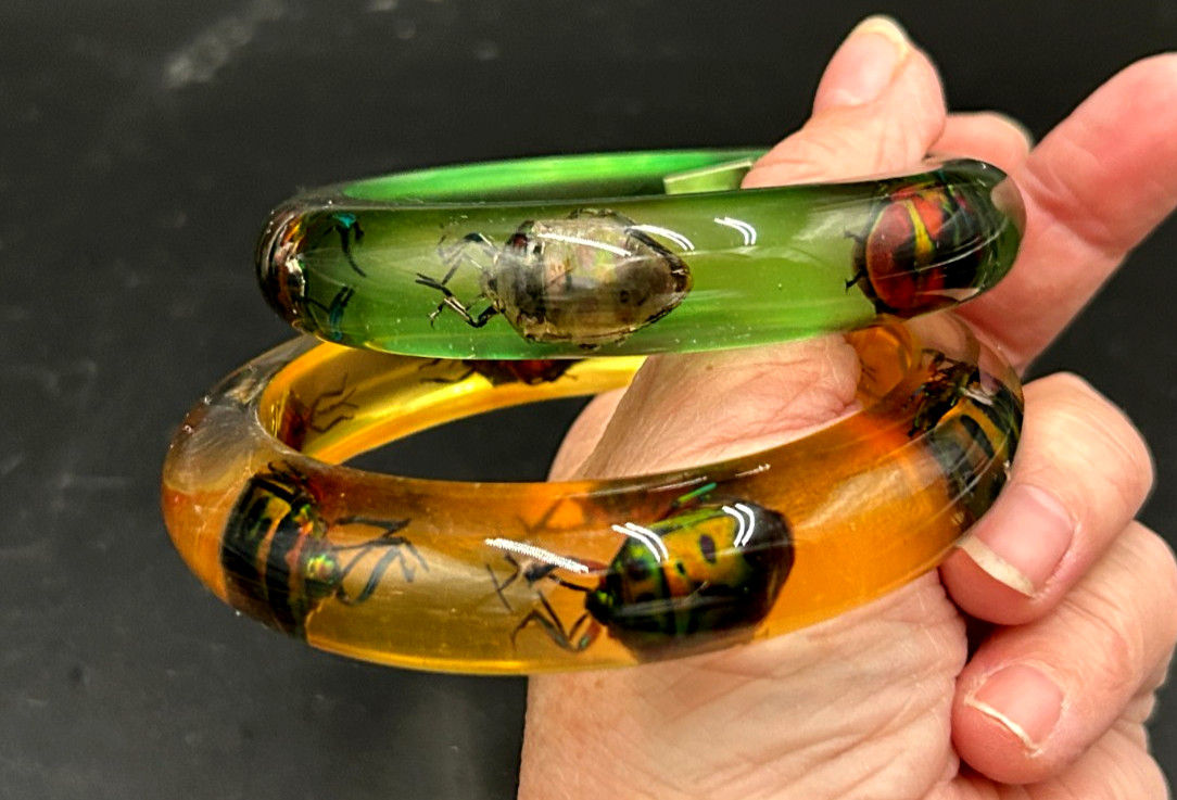 2 Vintage Resin Lucite Jewel Bettle Bangle Bracelets from Philippines Green Yell
