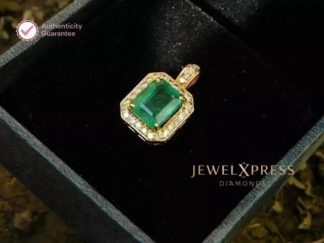 Natural Green Emerald 2Ct Emerald Cut Women Halo Pendant 14K Yellow Gold