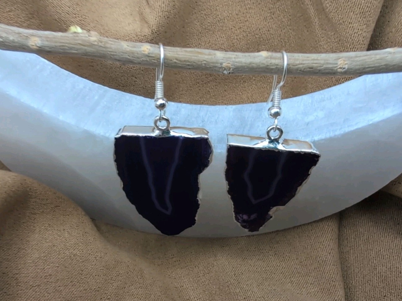 Natural Purple Agate Geode Slices Hook Earrings With Silver Plated Edge Brazil