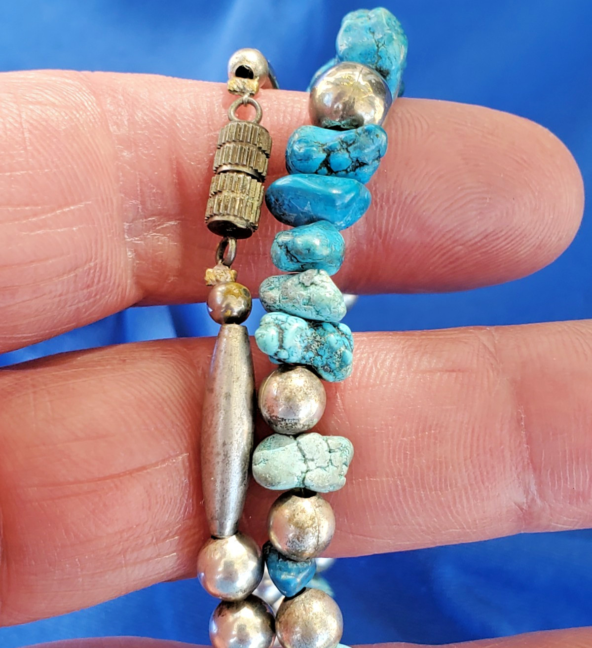 Original NATIVE VINTAGE NAVAJO TURQUOISE STERLING SILVER Beads NECKLACE 21″ INCH