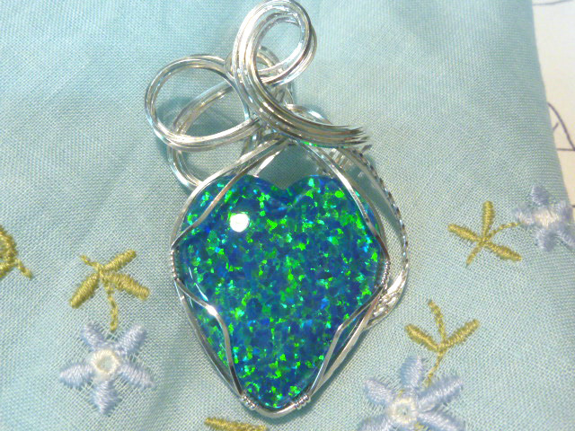 Wire Wrapped Synthetic Triplet Pendant Approx 30 x 27mm Heart. S.S 925 # 50230.