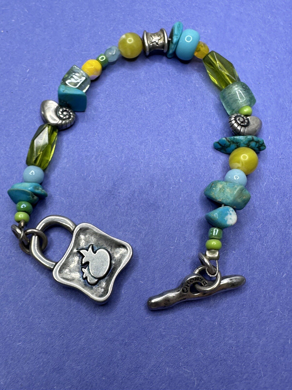 Danon Bracelet Turquoise Bead Shells Green Glass Beach Contemporary Silver Plate