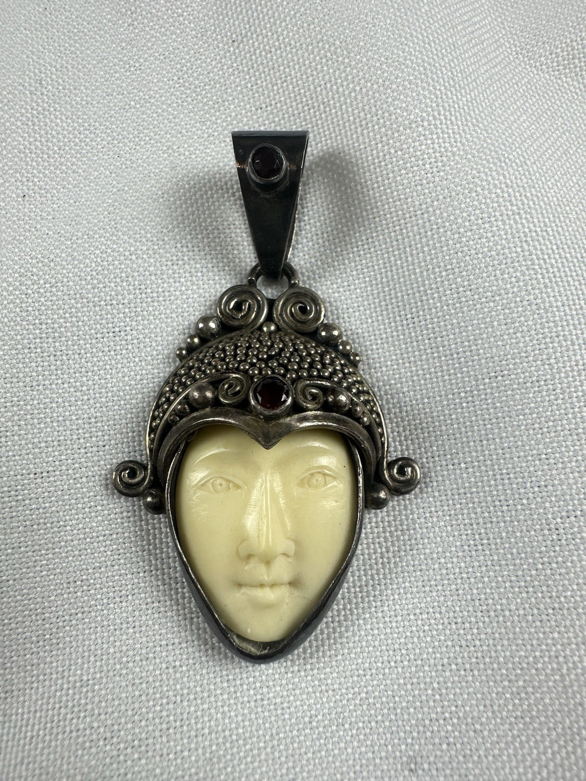 Vintage Sajen Sterling Silver 925 Carved Face Goddess Red Gemstones Pendant 2″