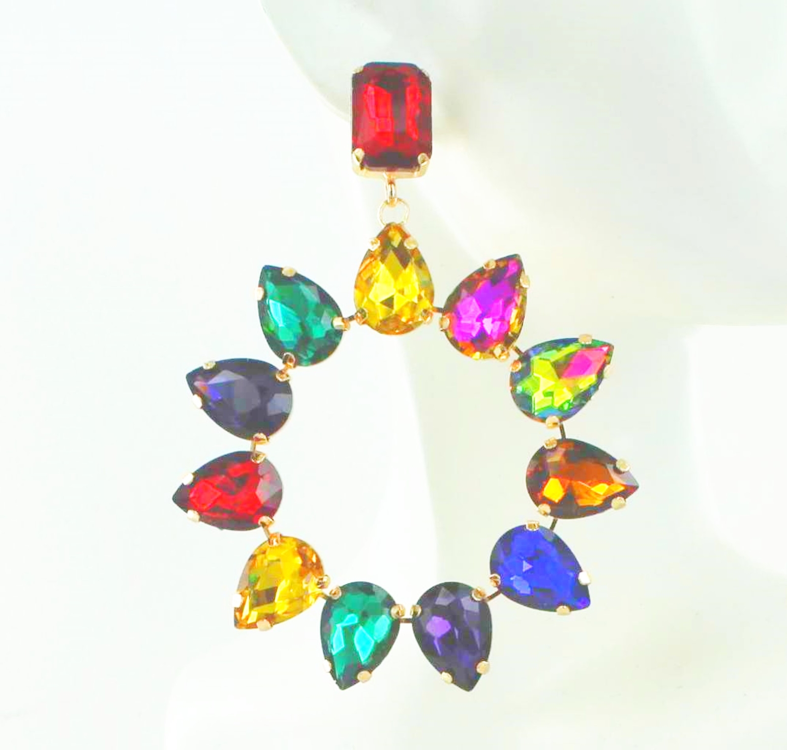 Large Multi Color Crystal Hoop Earrings Drag Queen Special Occasion