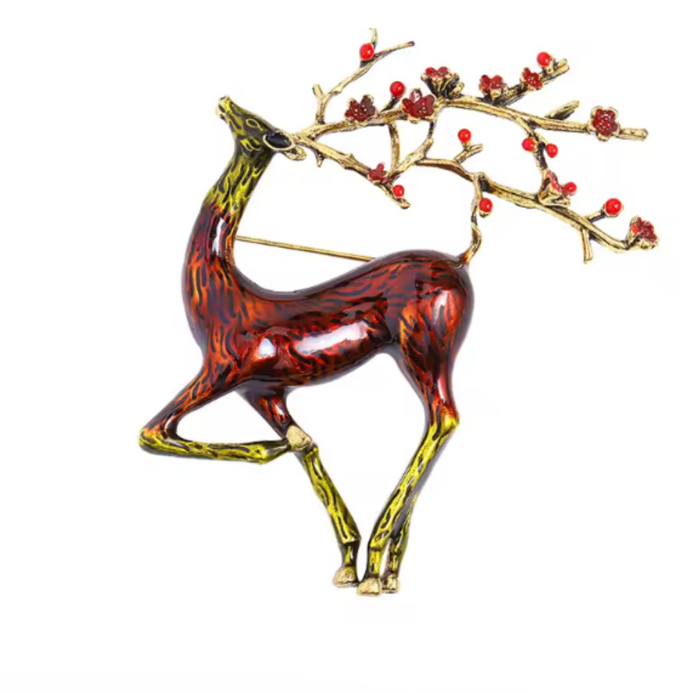 Elegant Reindeer Brooch Pin – Enamel Christmas Holiday Jewelry Gift