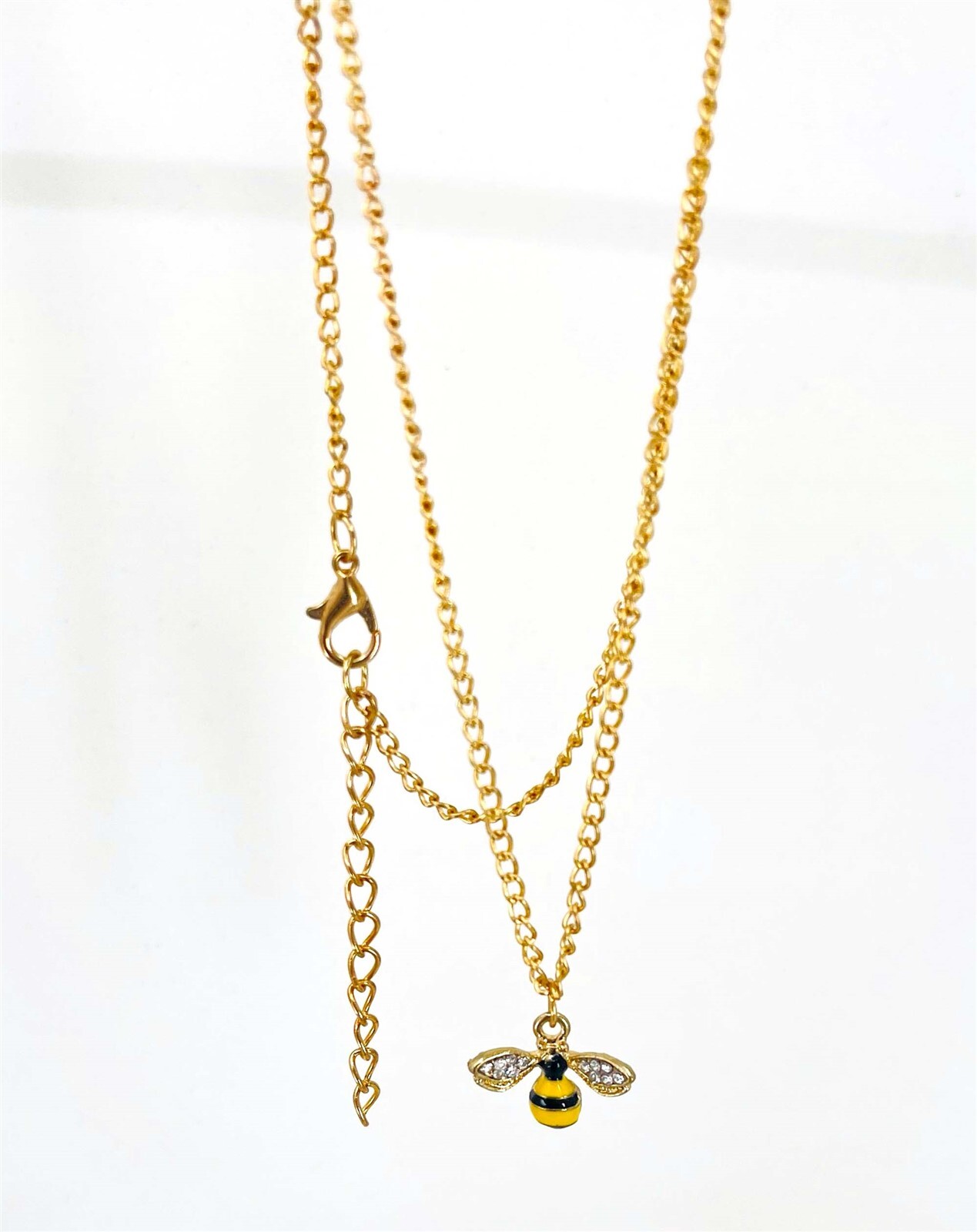 Honey Bee Charm Necklace, Gold Tone Chain Enamel Clear Rhinestone Insect Jewelry