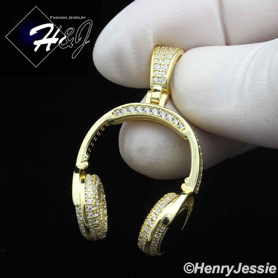 925 STERLING SILVER ICY BLING CZ 3D GOLD PLATED HIP HOP HEADPHONE PENDANT*GP401