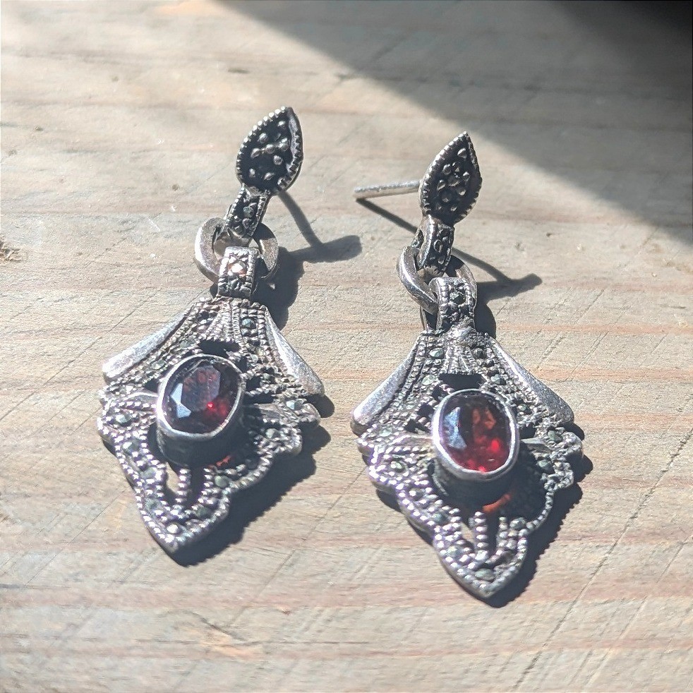 Vintage Sterling Silver 925 Garnet Marcasite Art Deco Drop EarringsArt Nouveau