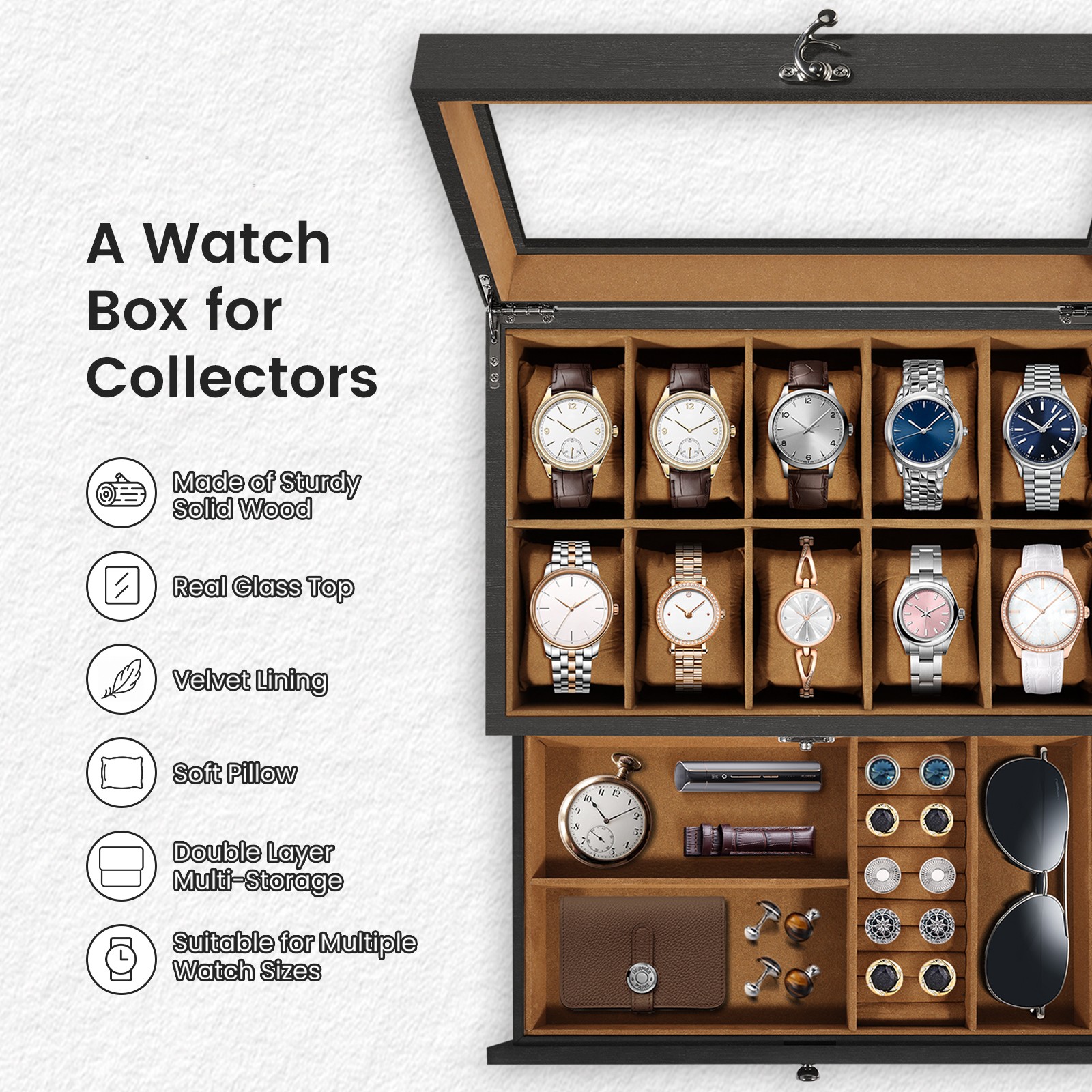 6-8-10-12 Slot Watch Box Solid Wood Watch Display Case Glass Lid Watch Holder