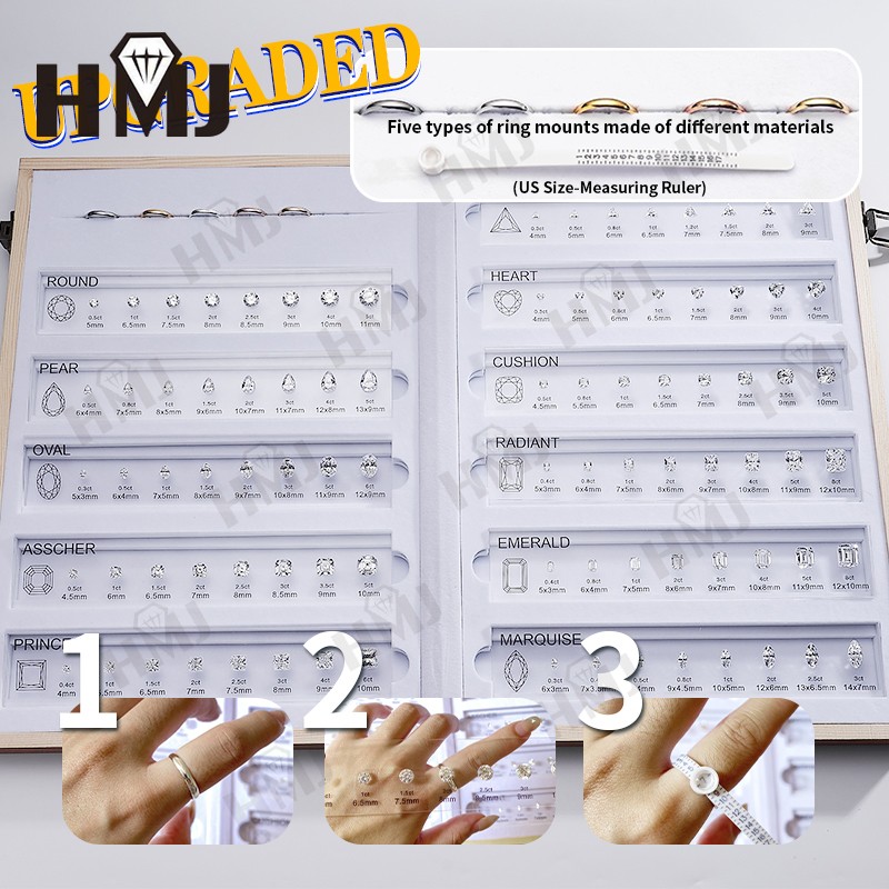 11 Shapes Kit CZ Diamond Carat Chart Comparison Set White Pink Yellow Gemstone