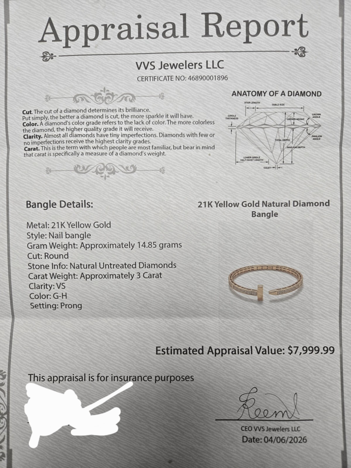 Solid 21K Yellow Gold Nail Bangle – 3ct Natural Diamonds – VS G-H – 14.85g