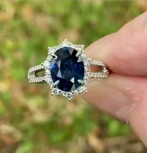 4.60 Ct Oval Natural Sapphire & Diamond Wedding Ring 14K White Gold Size 6
