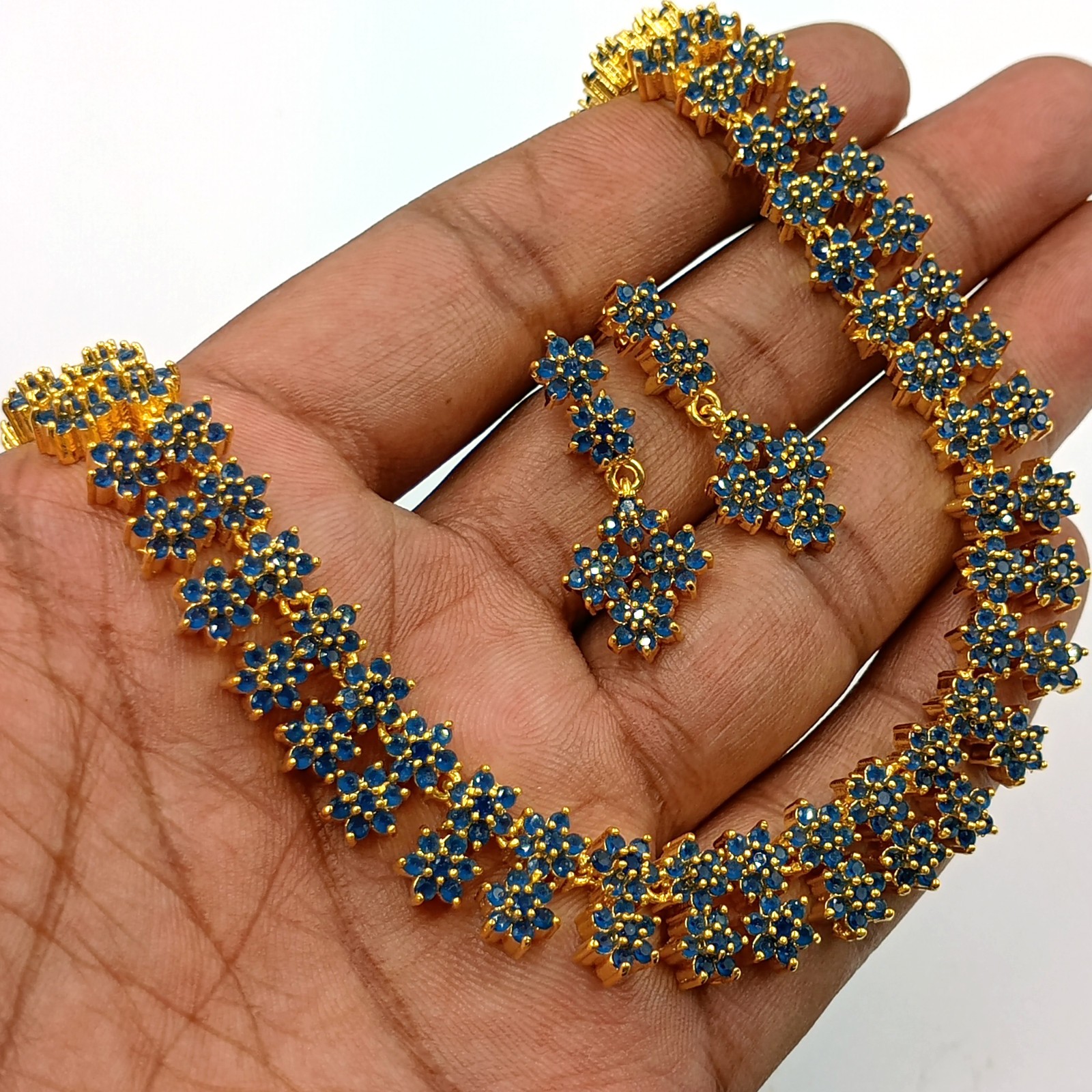 Royal Blue Sapphire Necklace Set 22k Gold Plated Statement Jewelry For Women’s