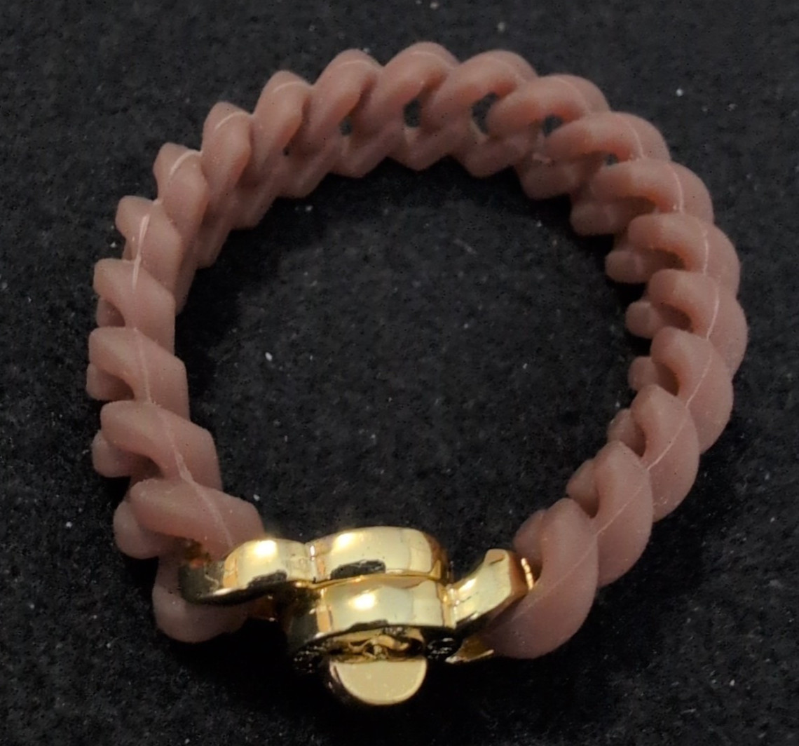Rustic Cuff Bracelet Gold Logo Turn Lock Clasp Brown Silicone Stretch Mock Chain
