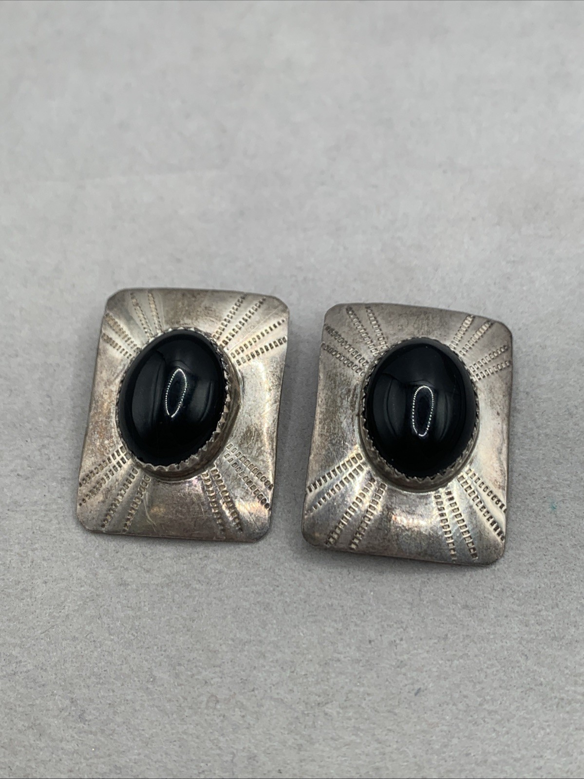 Vintage Southwest Sterling Silver Black Onyx Rectangle Stamped Clip-On Earrings