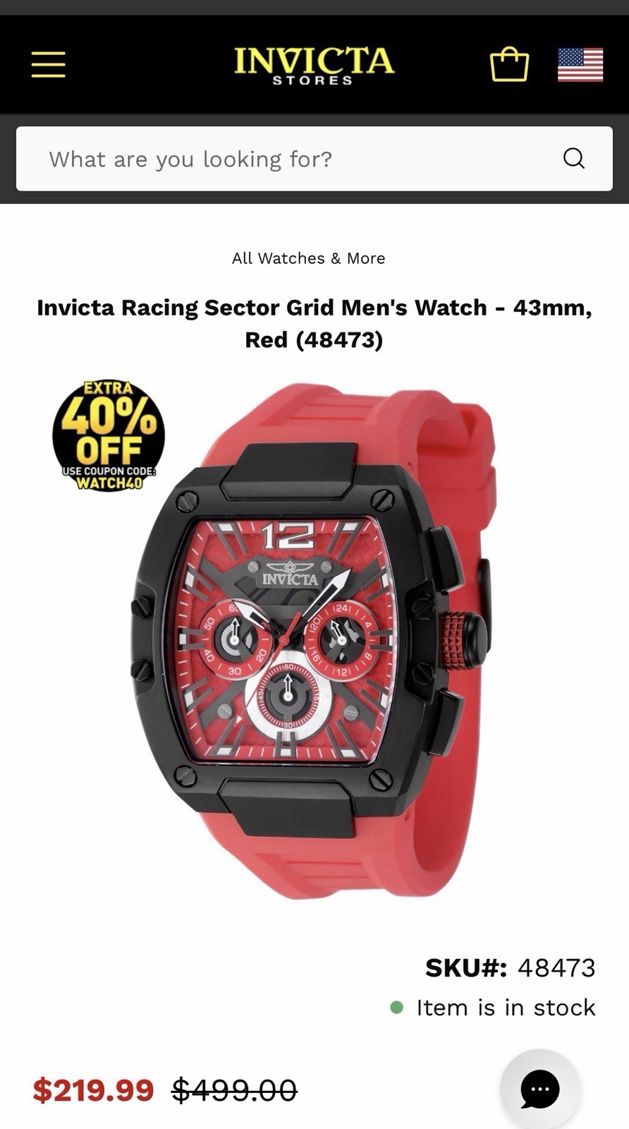 Invicta Racing Men’s Quartz Chronograph Watch 43mm Red Dial Band 48473