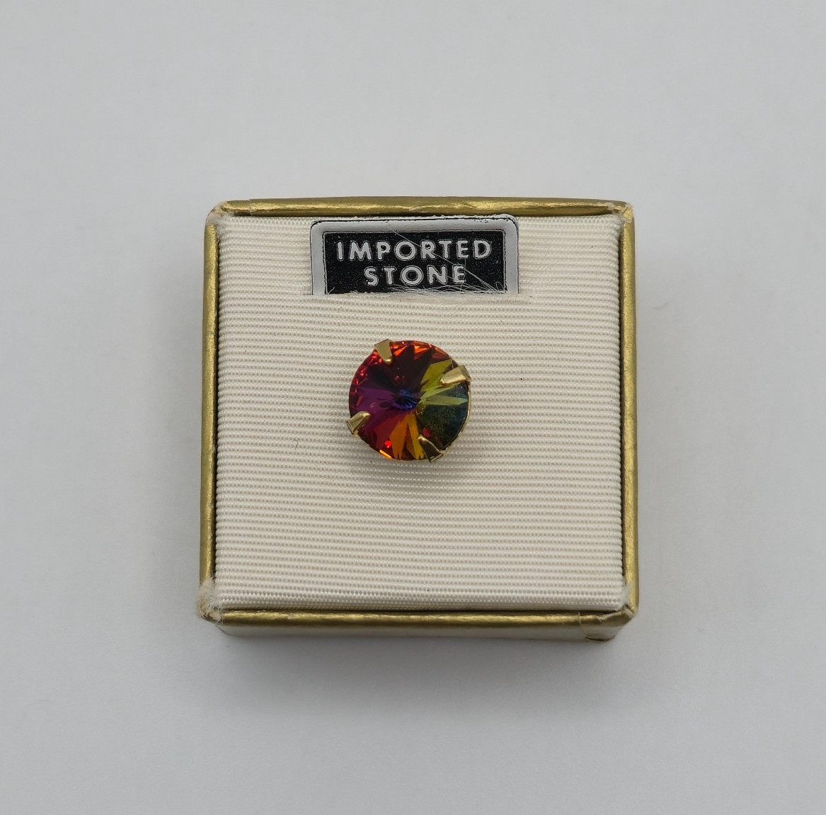 1950-1960s Imported Stone Aurora Borealis AB Rhinestone Gold Tone Tie Tack Boxed