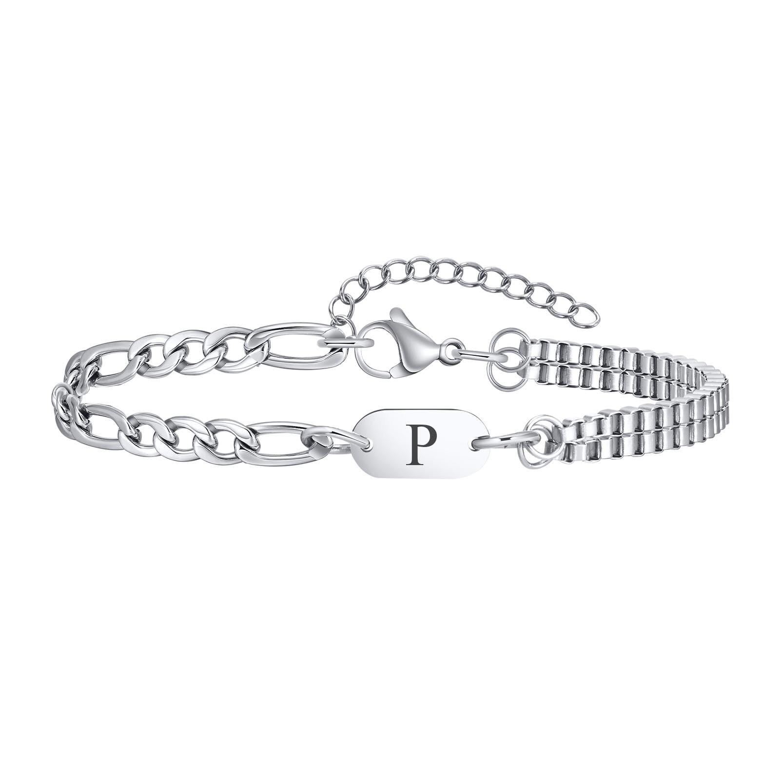 A-Z Initial Bracelets for Men Women Figaro Chain Box Link Bracelets Classic