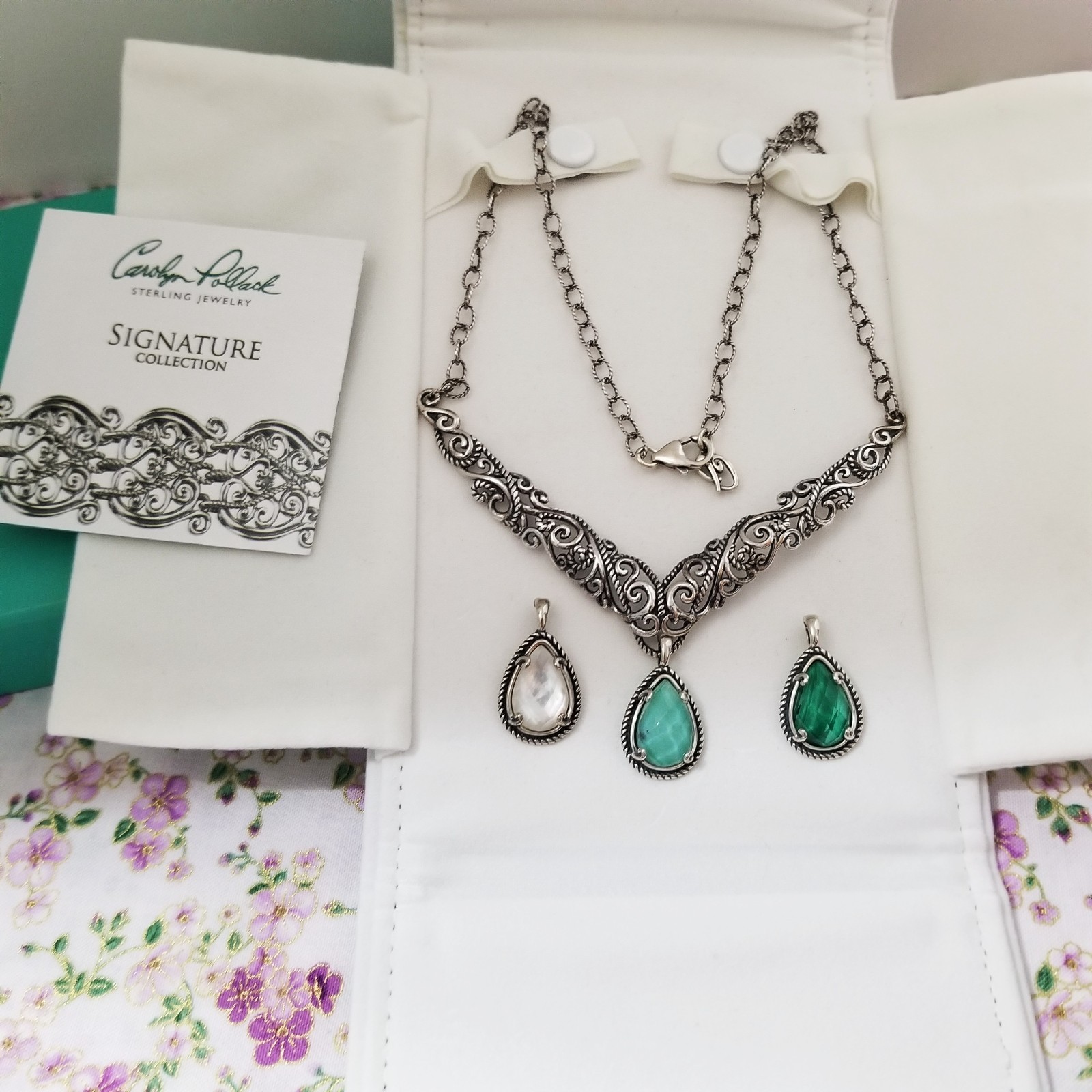 Carolyn Pollack Silver Scroll Filigree V Shape Necklace 3 Charms Sterling 925